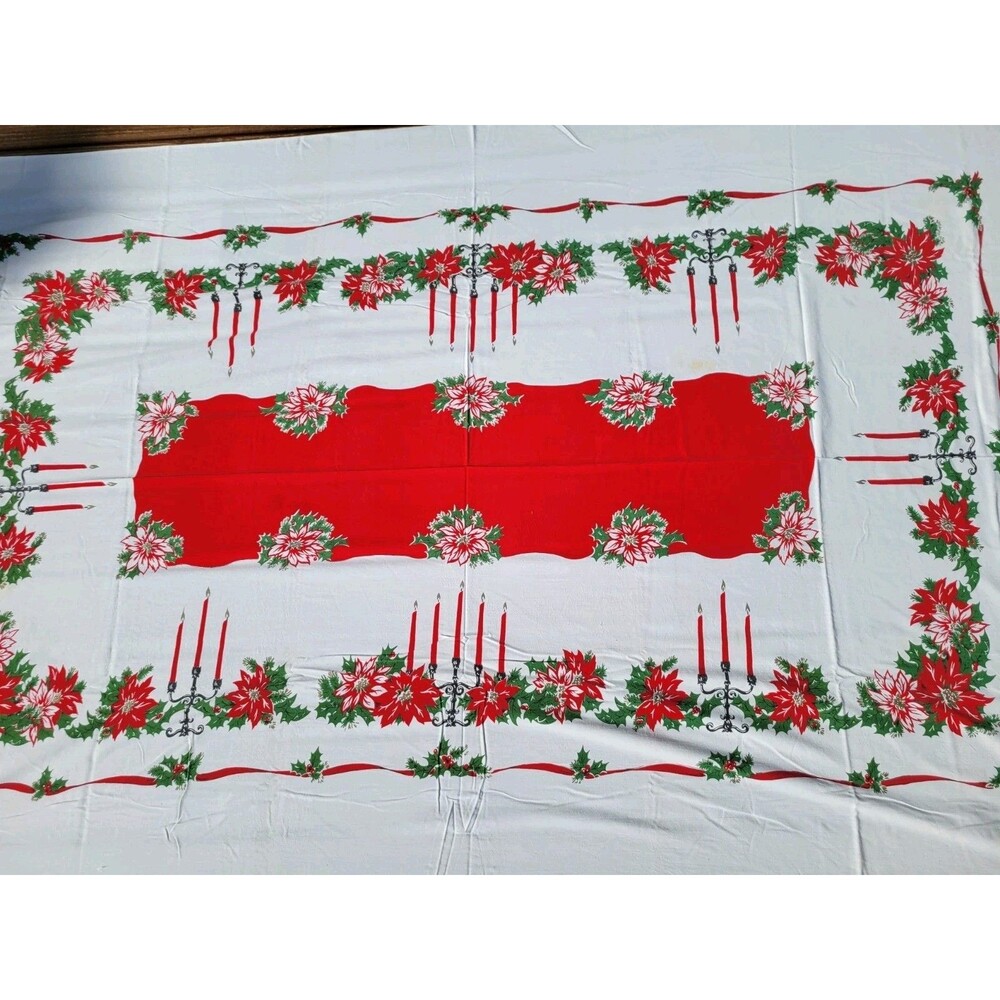 Vtg Holly Berry-Poinsettia Christmas Holiday Cotton Tablecloth- Approx. 95x55"